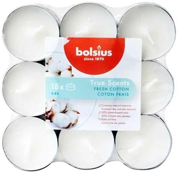 Žvakė, aromatinė Bolsius Fresh Cotton, 4 h, 18 vnt., Balta