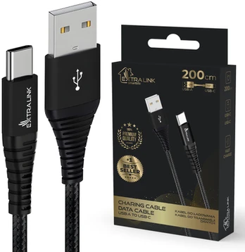 Extralink Smart Life Braided 15W USB Type-A to Type-C 2m Juodas | USB Cable | 6.5V 3A