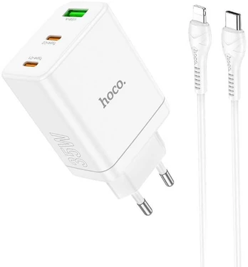 HOCO charger 2 x Type C + USB A + cable Type C to Lightning QC PD 35W N33 baltas