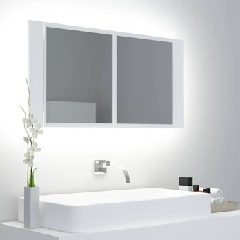 Veidrodinė vonios spintelė su LED, balta, 90x12x45cm, akrilas