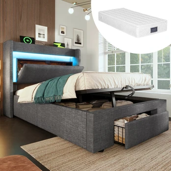 Polsteruotas lovos rėmas, hidraulinis, USB, LED, 90x200 cm