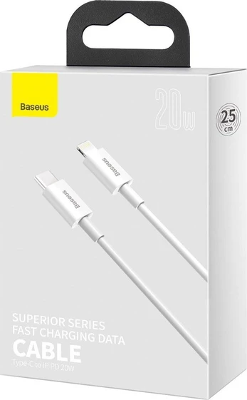 Laidas Baseus CATLYS-02, USB Type C/Lightning, 25 cm, balta sp., 20 W