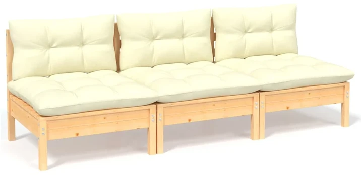 Trivietė sodo sofa su kreminėmis pagalvėlėmis, pušies masyvas