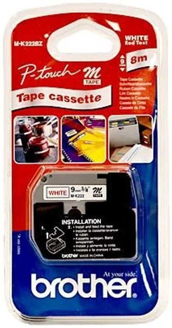Brother MK-222BZ PLASTIC LABELLING TAPE/9MM 8M Raudonas ON Baltas NON-LAMIN