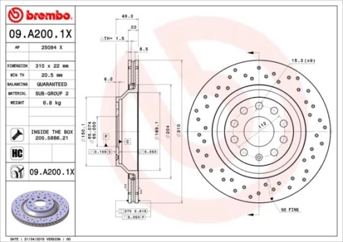 Stabdžių diskas BREMBO 09.A200.1X