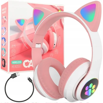 Bluetooth ausinės Cat ears LED, rožinės