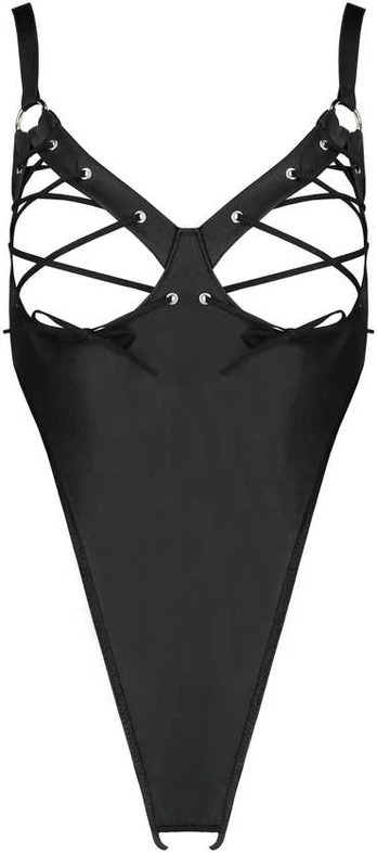 Lolitta Celine Bodysuit Juodas - Adjustable Straps, Open Design, Imitation Leather