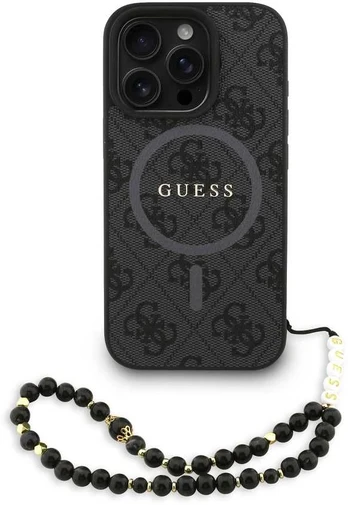 Dėklas Guess PU Leather 4G Colored Ring Strap MagSafe Case for iPhone 16 Pro Max Juodas