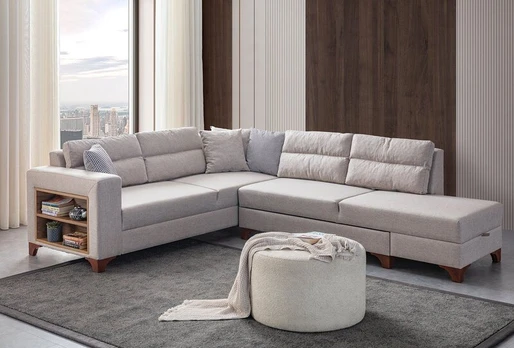 Kampinė sofa-lova Tloft Left, kreminės spalvos