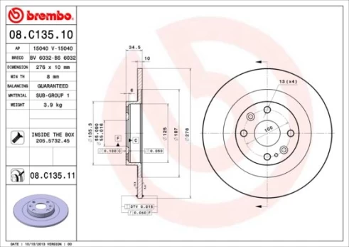 Stabdžių diskas BREMBO 08.C135.11