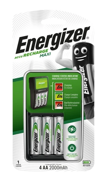 Energizer Maxi įkroviklis + 4 x R6/AA 2000 mAh baterijos