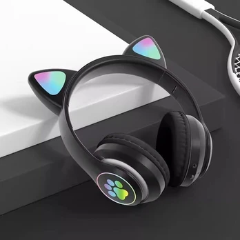 Vaikiškos ausinės, Bluetooth belaidės ausinės vaikams, paaugliams, suaugusiems, ausinės Bluetooth ausinės su mikrofonu, katės ausinės ausinės, mergaitės, moterys – juodos