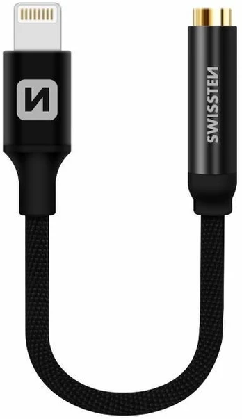 Swissten Adapteris tekstylny Lightning / Jack 0,15m Juodas