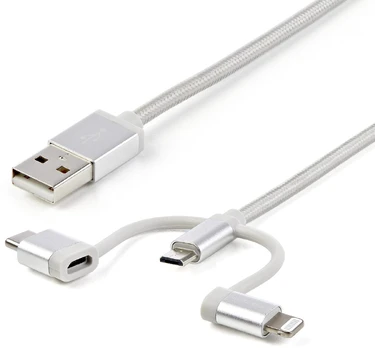 "StarTech.com" 1 m (3 f.t) daugiafunkcinis USB įkrovimo laidas - "iPhone" / "iPad" / "iPod" / "Android" - "Apple MFi Certified" - "3 in 1" USB įkroviklis - Pintas, 1 m, USB A, "Micro-USB B", USB 2.0, 480 Mbit/s, sidabrinis