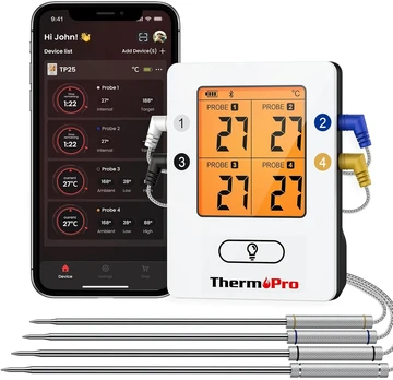 ThermoPro Bluetooth mėsos termometras su 4 zondais, 150 m veikimo nuotolis, TP-25