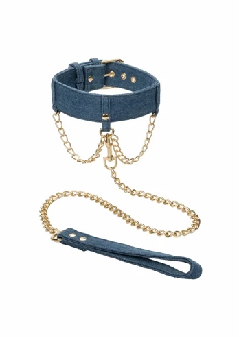 Pipedream Ride Em Denim Adjustable Collar with Detachable Leash Blue