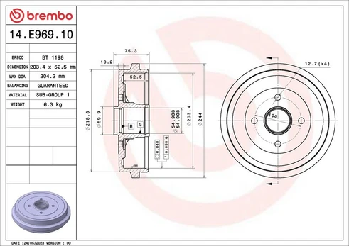 Stabdžių būgnas BREMBO 14.E969.10