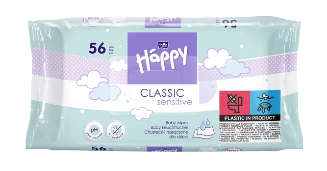 Drėgnos servetėlės Happy Classic Sensitive, 56 vnt.
