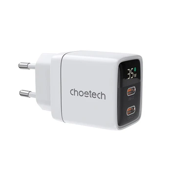 Choetech PD6051 2x USB-C PD 35W GaN wall charger with display - baltas