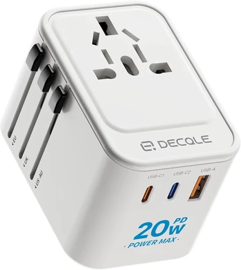 decqle universalus kelioninis maitinimo adapteris su 2 USB-C PD 20 W ir USB-A, DQZ9