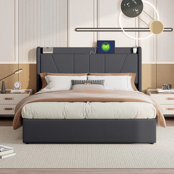 Lova su USB jungtimi, 160*200cm, pilka, lininė