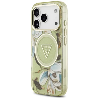 Case Guess IML Glitter Flowers Triangle MagSafe for iPhone 18 Pro Max / 17 Pro Max green