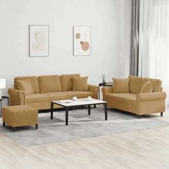 Sofa Sofos komplektas su pagalvėmis, 3 dalių, rudas, aksomas