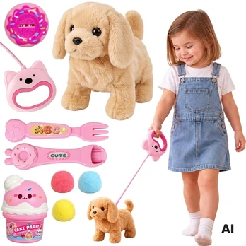 WOOPIE Interactive Brown Dog on a Leash with Accessories