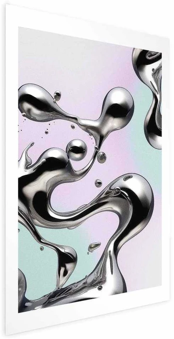 Artgeist Plakatas - Metallic Fluidity - abstract sidabrinis forms on a mint-violetinė background
