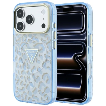 Dėklas Guess IML Leopard Glitter Triangle Logo MagSafe Case for iPhone 17 Pro / 18 Pro - Mėlyna