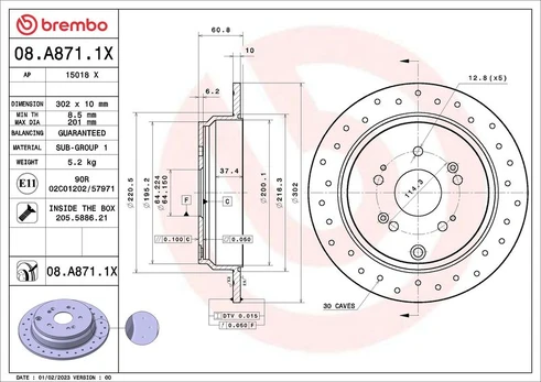 Stabdžių diskas BREMBO 08.A871.1X