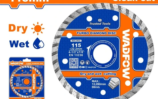 Deimantinis pjovimo diskas WADFOW, Turbo, sausam/šlapiam pjovimui, 115x22.2 mm, segmento plotis 7,5