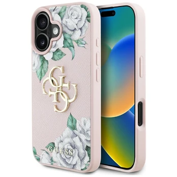 Dėklas Guess Grained Roses Big 4G logo do iPhone 16 rožinė
