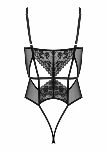 Body BD107 Elegant Lace & Tulle Bodysuit, Adjustable Straps, Black