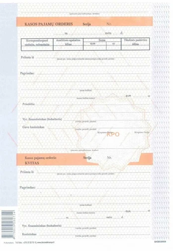Kasos pajamų orderis, A4, 100 lapų, numeruotas