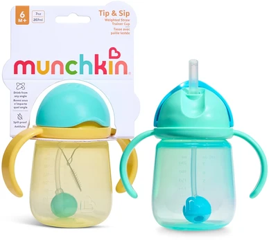 Munchkin - 2pk Tip & Sip Straw Trainer Cup - Mėlyna/Geltona - 207 ml