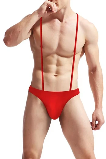 Seksualūs vyriški stringai su petnešėlėmis, raudoni