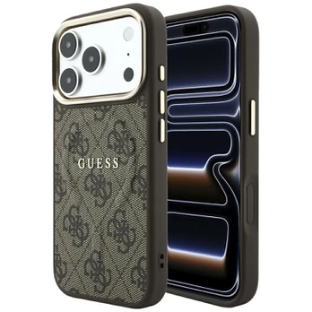Dėklas Guess PU Leather 4G Gold Frame Embossed MagSafe Apple iPhone 18 Pro Max rudas