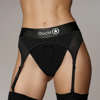 Ouch! by Shots vibruojantys strap-on diržai su keliaraiščiais, juodi, XS/S