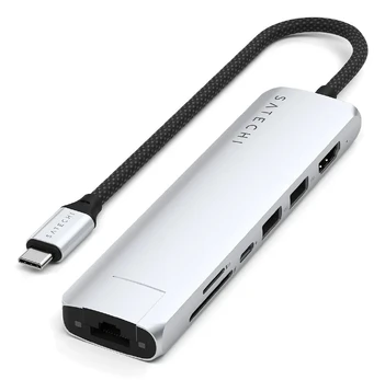 Satechi 7-in-1 USB-C Slim Multiport Adapteris with Ethernet - Sidabrinis