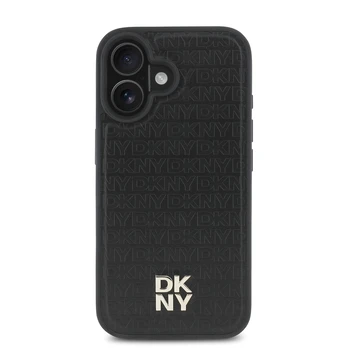 DKNY PU Leather Repeat Pattern Stack Logo MagSafe Case for iPhone 16 Plus Juodas
