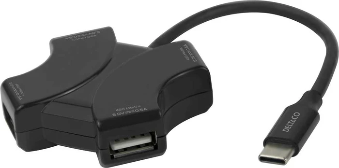 Deltaco USB-C-hubi, 4x USB-A, 480 Mbps, musta