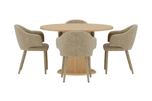 Reko Table - Nature with 4 Evelin Chair - Beige