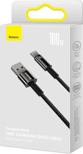 "Baseus" auksinis volframo kabelis, USB ir USB-C, 100 W, 1 m (juodas)