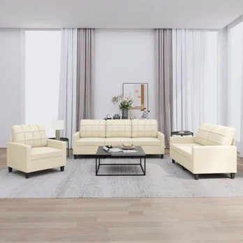 Sofa Sofos komplektas su pagalvėmis, 3 dalių, kreminis, dirbtinė oda