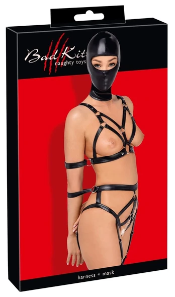 Bad Kitty diržų komplektas su galvos kauke, juodas, M