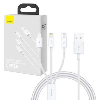 "Baseus Superior Data" USB į M+L+C 3,5A greito įkrovimo kabelis 1M (baltas)