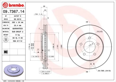 Stabdžių diskas BREMBO 09.7367.14