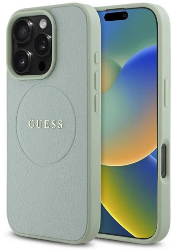 Guess PU Grained Classic Logo MagSafe Case for iPhone 16 Pro Žalias
