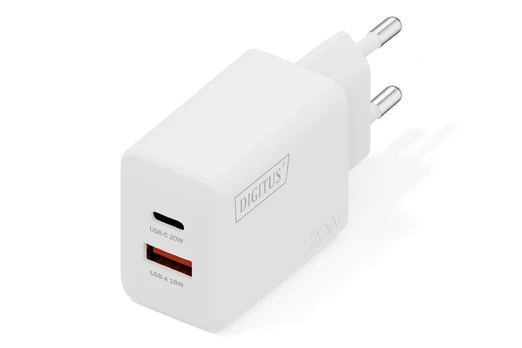 DIGITUS USB-Ladegerät 20W, 1x USB-C, 1x USB-A baltas